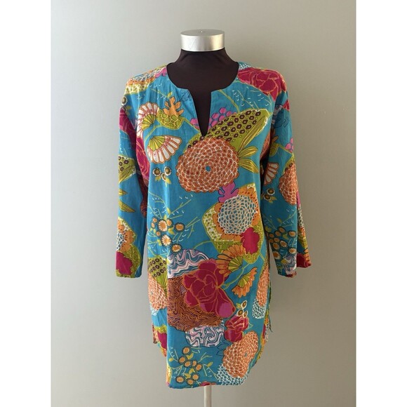 kikisol Other - Kikisol Tunic Top Womens L Blue Floral Lagenlook Coastal Resort Vacation Coverup